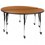 2 Piece Mobile 60" Circle Wave Collaborative Oak Thermal Laminate Adjustable Activity Table Set