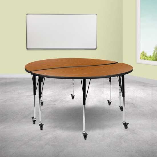 2 Piece Mobile 60" Circle Wave Collaborative Oak Thermal Laminate Adjustable Activity Table Set