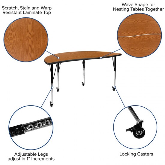 2 Piece Mobile 60" Circle Wave Collaborative Oak Thermal Laminate Adjustable Activity Table Set