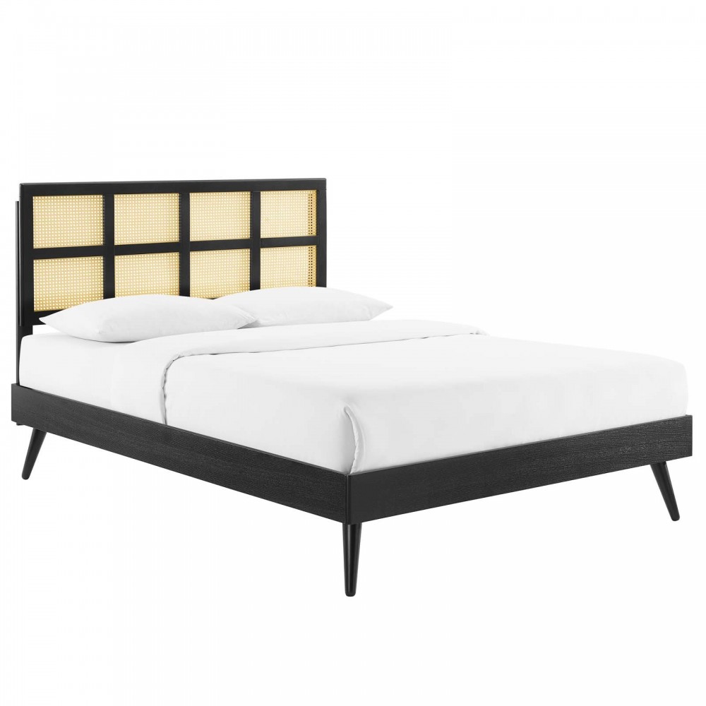 Sidney Cane and Wood Full Platform Bed With Splayed Legs