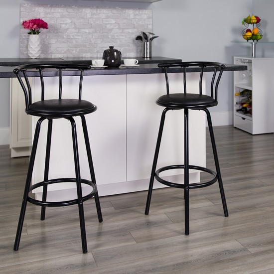 Crown Back Black Metal Barstool with Black Vinyl Swivel Seat