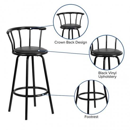 Crown Back Black Metal Barstool with Black Vinyl Swivel Seat