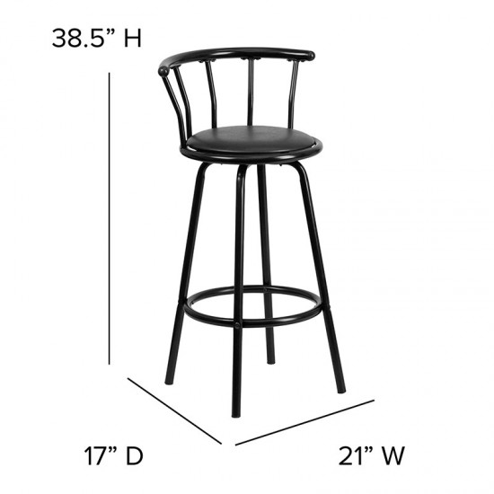 Crown Back Black Metal Barstool with Black Vinyl Swivel Seat