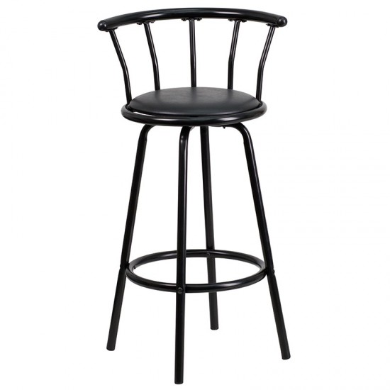 Crown Back Black Metal Barstool with Black Vinyl Swivel Seat