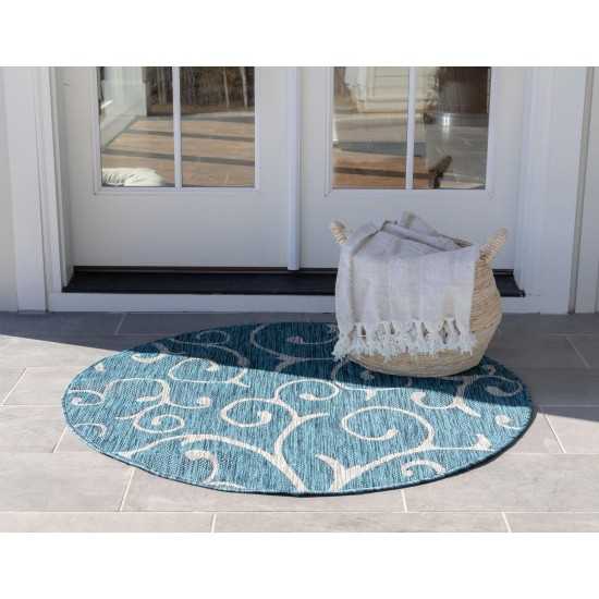 Rug Unique Loom Outdoor Botanical Teal Round 4' 0 x 4' 0