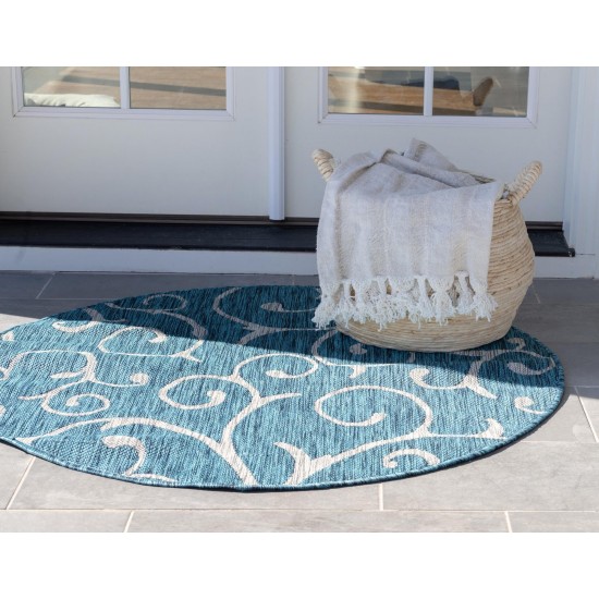 Rug Unique Loom Outdoor Botanical Teal Round 4' 0 x 4' 0