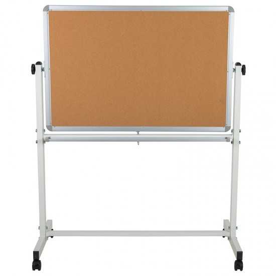 45.25"W x 54.75"H Reversible Mobile Cork Bulletin Board and White Board with Pen Tray
