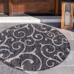 Rug Unique Loom Outdoor Botanical Charcoal Gray Round 4' 0 x 4' 0