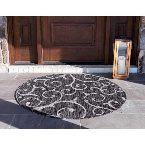 Rug Unique Loom Outdoor Botanical Charcoal Gray Round 4' 0 x 4' 0