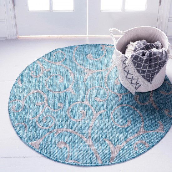 Rug Unique Loom Outdoor Botanical Aqua Blue Round 4' 0 x 4' 0