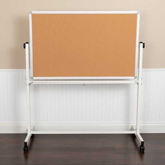 53"W x 59"H Reversible Mobile Cork Bulletin Board and White Board with Pen Tray