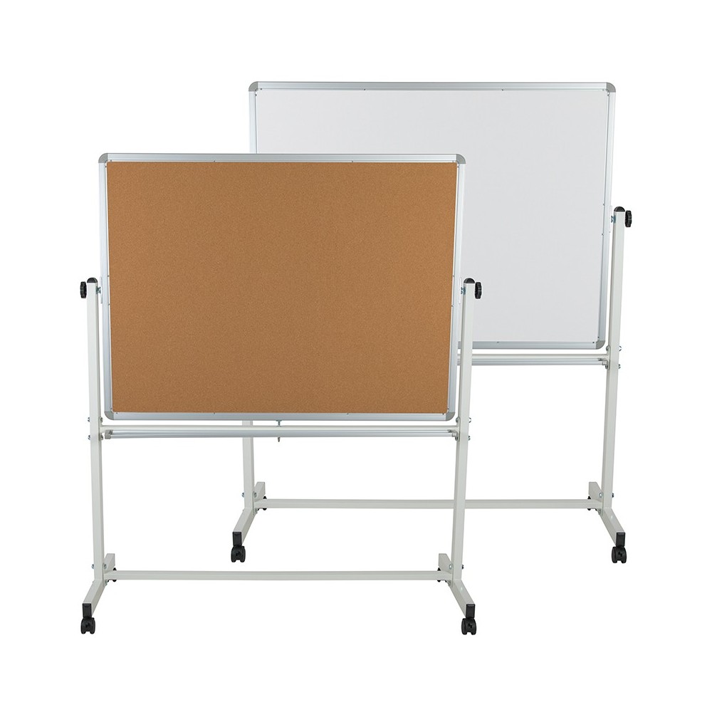 53"W x 62.5"H Reversible Mobile Cork Bulletin Board and White Board with Pen Tray