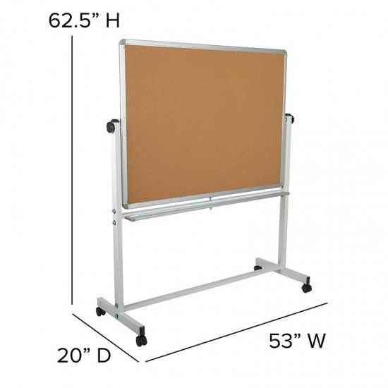53"W x 62.5"H Reversible Mobile Cork Bulletin Board and White Board with Pen Tray