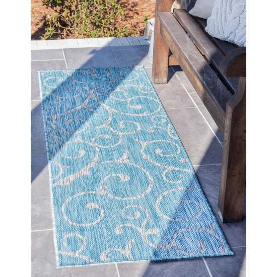 Rug Unique Loom Outdoor Botanical Aqua Blue Runner 2' 0 x 6' 0