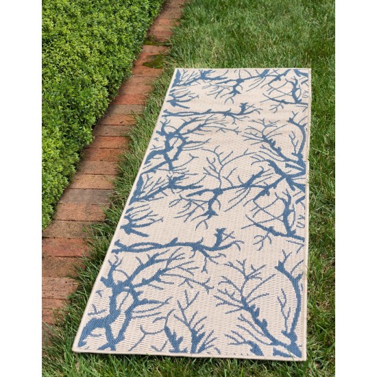 Rug Unique Loom Outdoor Botanical Beige/Navy Blue Runner 2' 0 x 6' 0