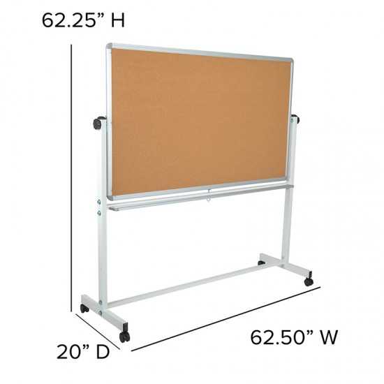 62.5"W x 62.25"H Reversible Mobile Cork Bulletin Board and White Board with Pen Tray
