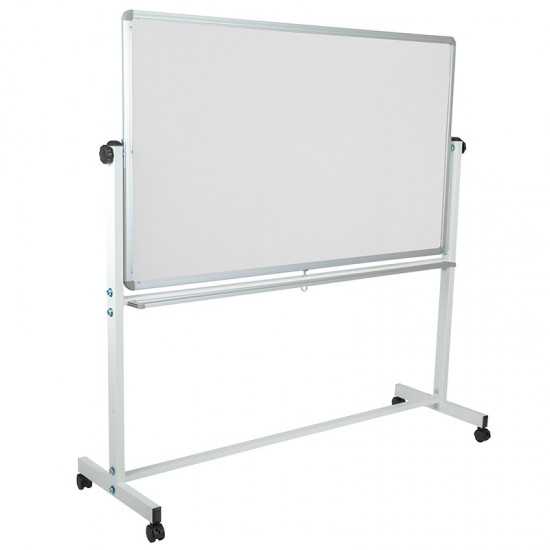 62.5"W x 62.25"H Reversible Mobile Cork Bulletin Board and White Board with Pen Tray