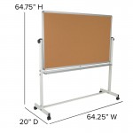 64.25"W x 64.75"H Reversible Mobile Cork Bulletin Board and White Board with Pen Tray