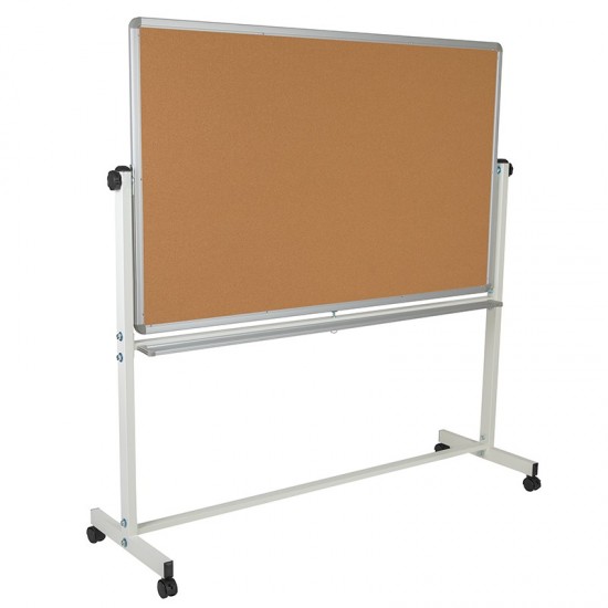 64.25"W x 64.75"H Reversible Mobile Cork Bulletin Board and White Board with Pen Tray
