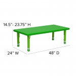 24''W x 48''L Rectangular Green Plastic Height Adjustable Activity Table Set with 6 Chairs