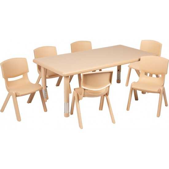 24"W x 48"L Rectangular Natural Plastic Height Adjustable Activity Table Set with 6 Chairs