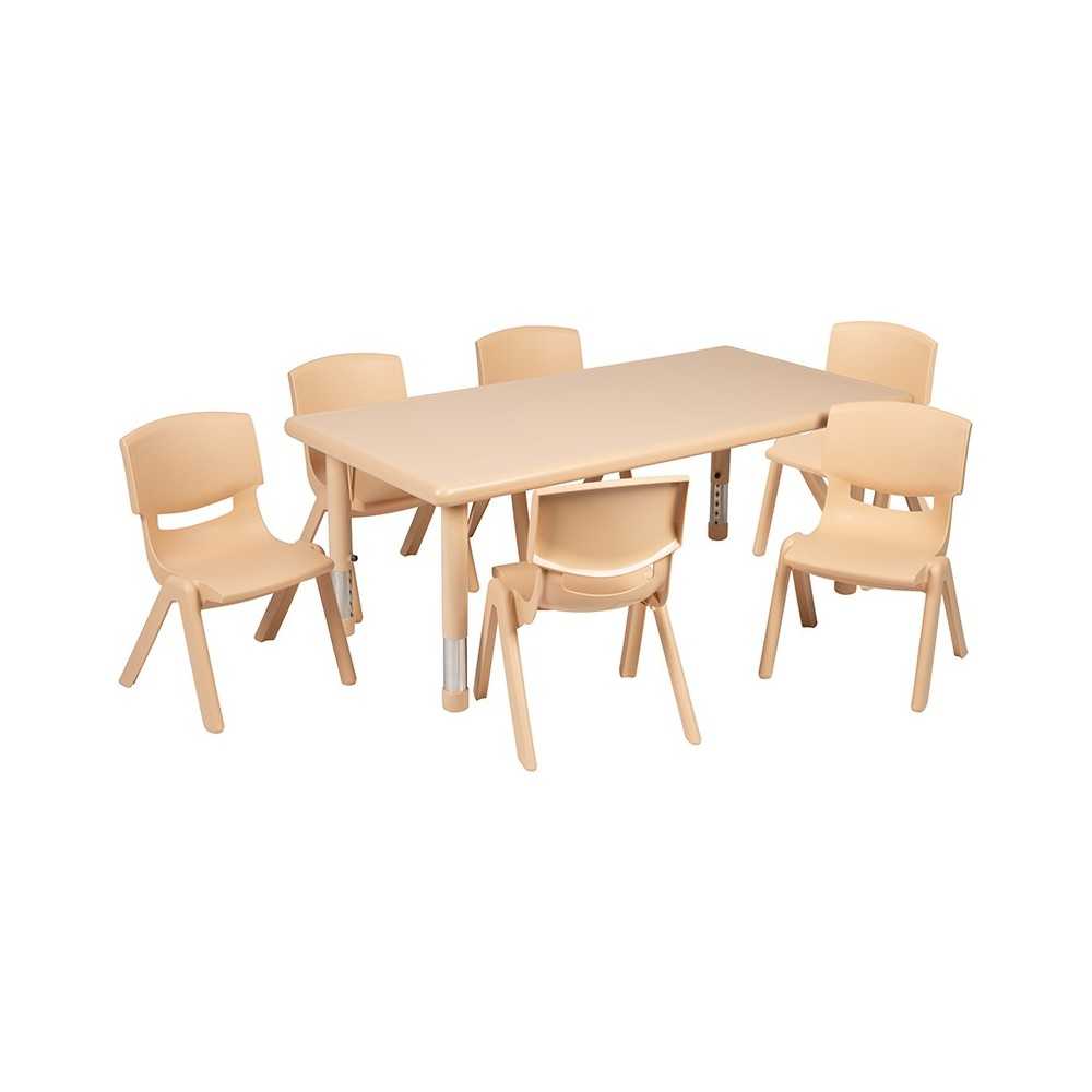 24"W x 48"L Rectangular Natural Plastic Height Adjustable Activity Table Set with 6 Chairs