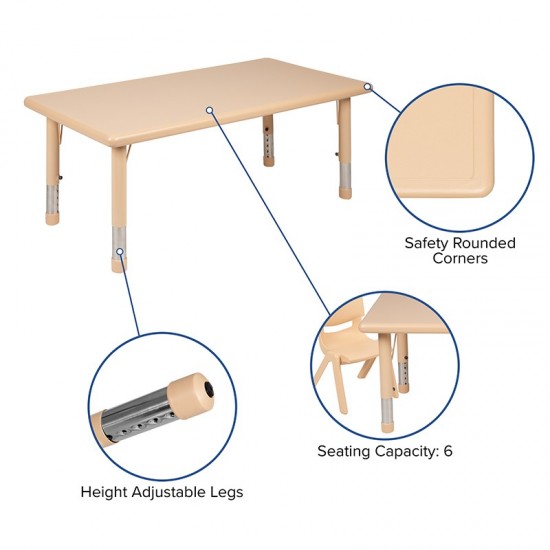 24"W x 48"L Rectangular Natural Plastic Height Adjustable Activity Table Set with 6 Chairs