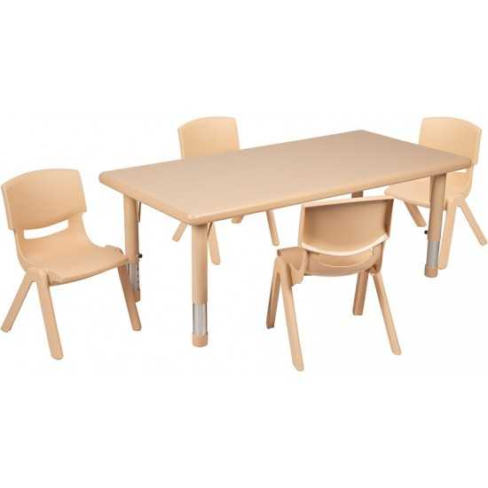 24"W x 48"L Rectangular Natural Plastic Height Adjustable Activity Table Set with 4 Chairs