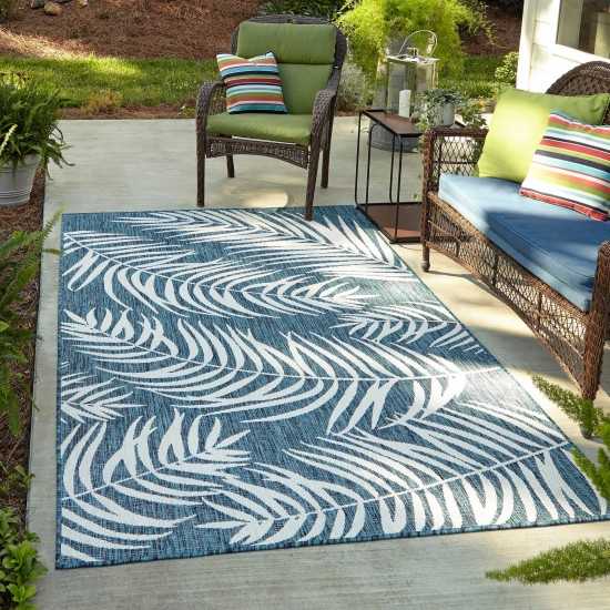 Rug Unique Loom Outdoor Botanical Teal Rectangular 6' 0 x 9' 0