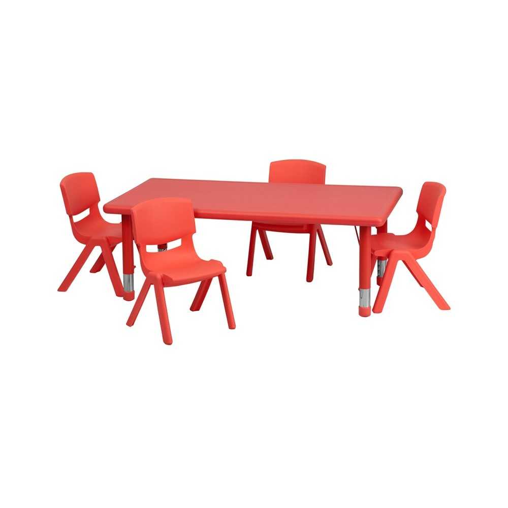 24''W x 48''L Rectangular Red Plastic Height Adjustable Activity Table Set with 4 Chairs