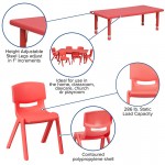 24''W x 48''L Rectangular Red Plastic Height Adjustable Activity Table Set with 4 Chairs