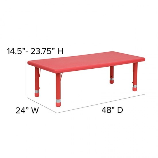 24''W x 48''L Rectangular Red Plastic Height Adjustable Activity Table Set with 4 Chairs