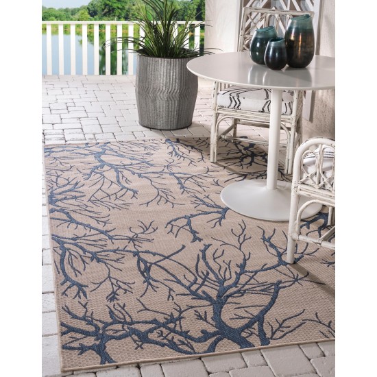 Rug Unique Loom Outdoor Botanical Beige/Navy Blue Rectangular 6' 0 x 9' 0