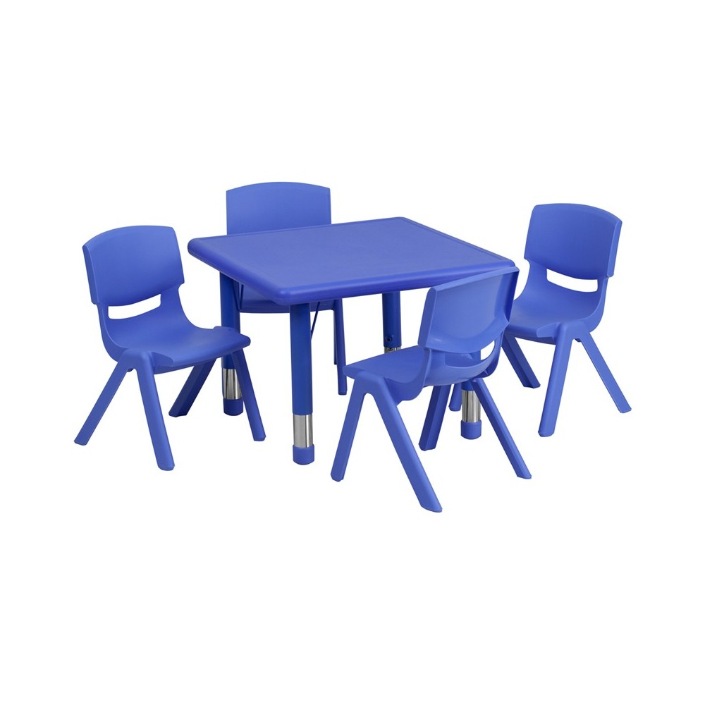 24'' Square Blue Plastic Height Adjustable Activity Table Set with 4 Chairs 24'' Square Blue Plastic Height Adjustable Activity Table Set with 4 Chairs