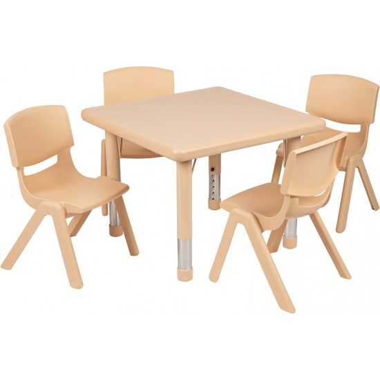 24" Square Natural Plastic Height Adjustable Activity Table Set with 4 Chairs