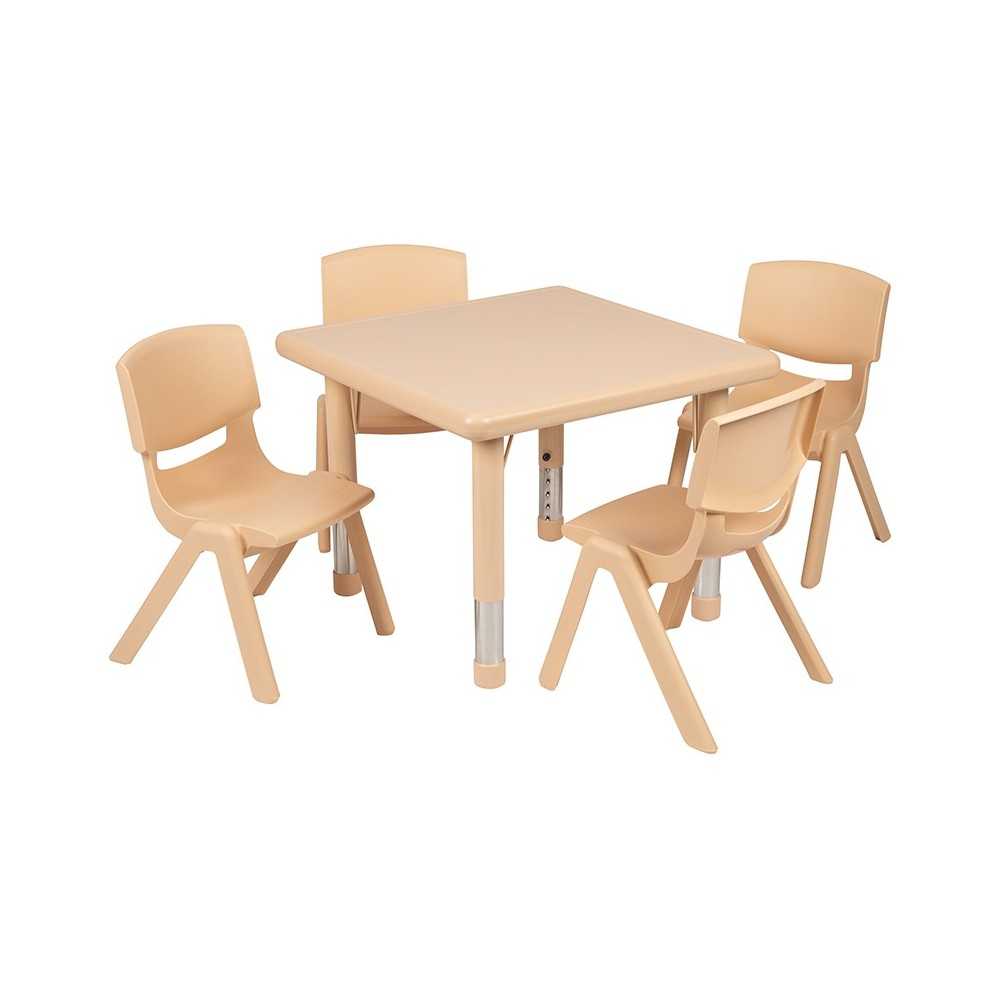 24" Square Natural Plastic Height Adjustable Activity Table Set with 4 Chairs