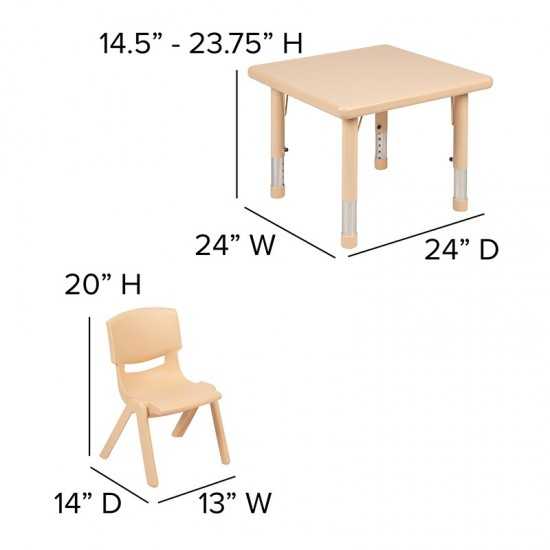 24" Square Natural Plastic Height Adjustable Activity Table Set with 4 Chairs