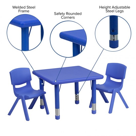 24'' Square Blue Plastic Height Adjustable Activity Table Set with 2 Chairs