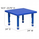 24'' Square Blue Plastic Height Adjustable Activity Table Set with 2 Chairs