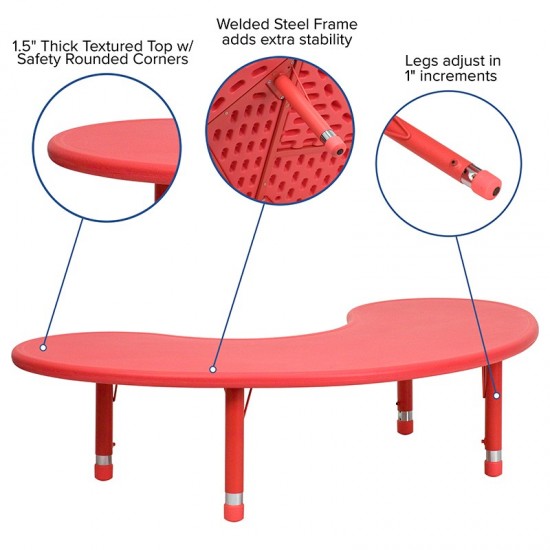 35''W x 65''L Half-Moon Red Plastic Height Adjustable Activity Table