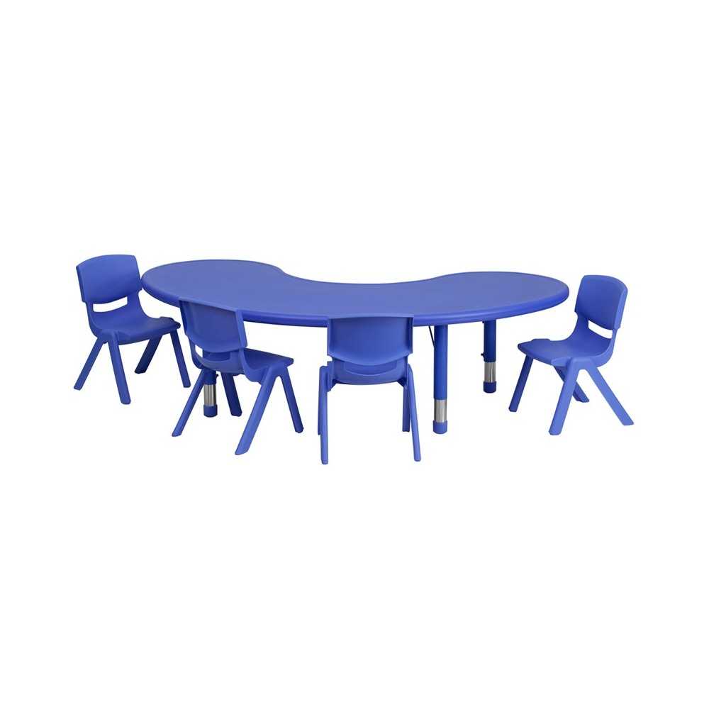 35''W x 65''L Half-Moon Blue Plastic Height Adjustable Activity Table Set with 4 Chairs