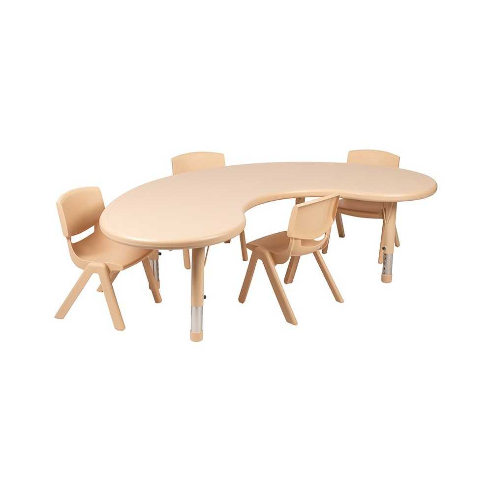 35"W x 65"L Half-Moon Natural Plastic Height Adjustable Activity Table Set with 4 Chairs