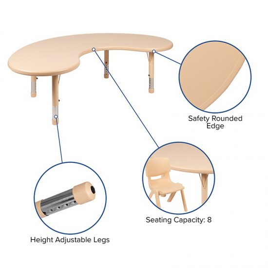 35"W x 65"L Half-Moon Natural Plastic Height Adjustable Activity Table Set with 4 Chairs