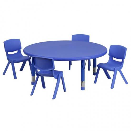 45'' Round Blue Plastic Height Adjustable Activity Table Set with 4 Chairs