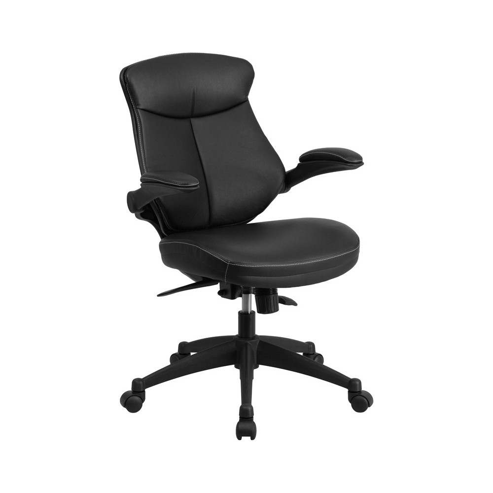 Mid-Back Black LeatherSoft Executive Swivel Ergonomic Office Chair with Back Angle Adjustment and Flip-Up Arms