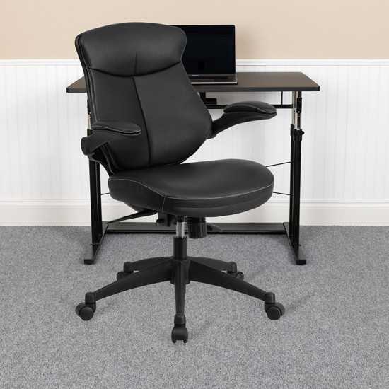 Mid-Back Black LeatherSoft Executive Swivel Ergonomic Office Chair with Back Angle Adjustment and Flip-Up Arms