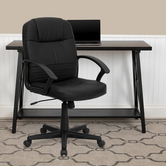 Mid-Back Black Leather Executive Swivel Office Chair with Rounded Back and Arms