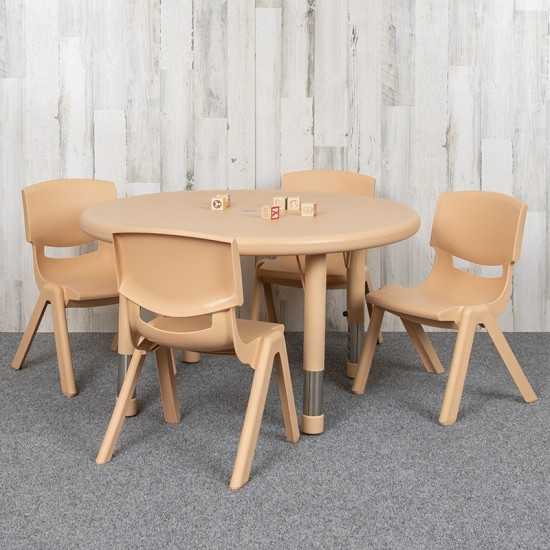 33" Round Natural Plastic Height Adjustable Activity Table Set with 4 Chairs