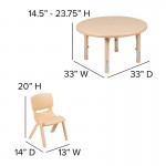 33" Round Natural Plastic Height Adjustable Activity Table Set with 4 Chairs