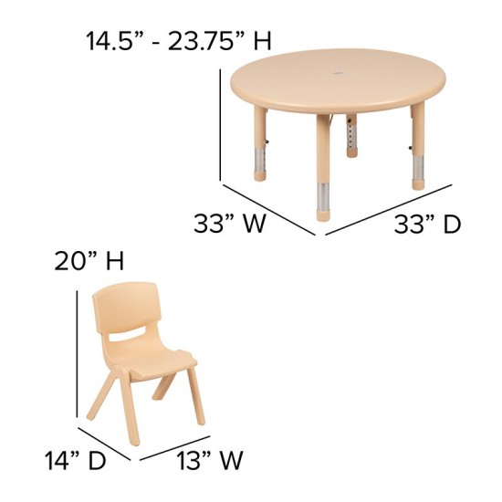 33" Round Natural Plastic Height Adjustable Activity Table Set with 4 Chairs